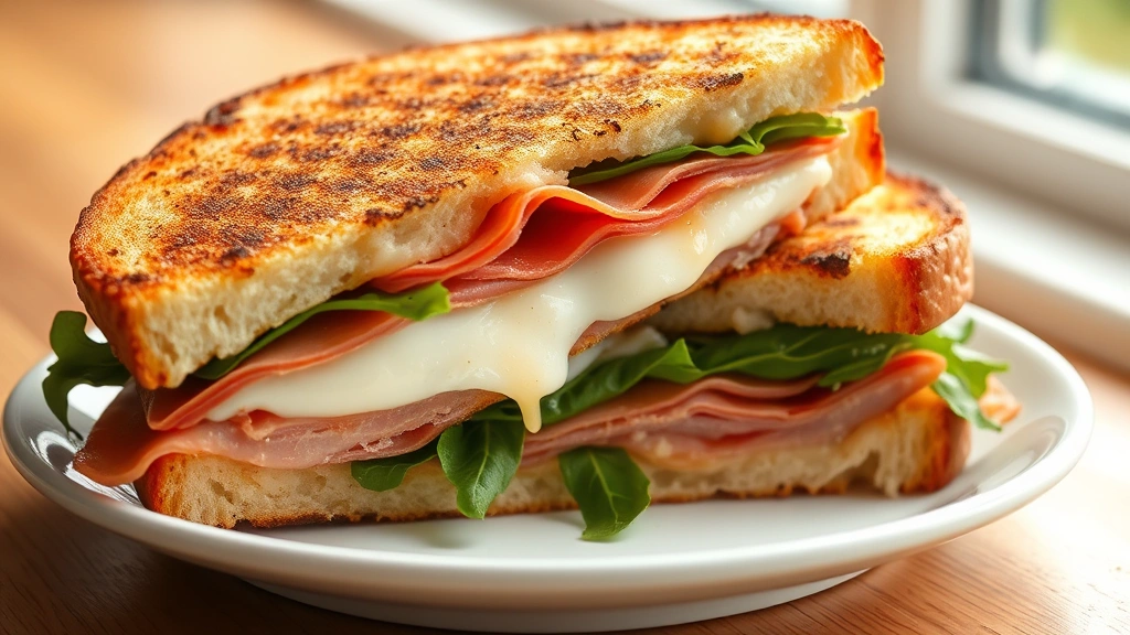 hero: perfectly pressed panini sandwich cut diagonally showing melted mozzarella and prosciutto filling, golden crispy bread exterior, arugula visible, plated on white ceramic plate, warm natural window light, no text or watermarks