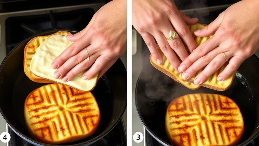 process: hands pressing panini in cast iron skillet on stovetop, golden brown bread developing grill marks, steam visible, natural kitchen lighting, no text or watermarks