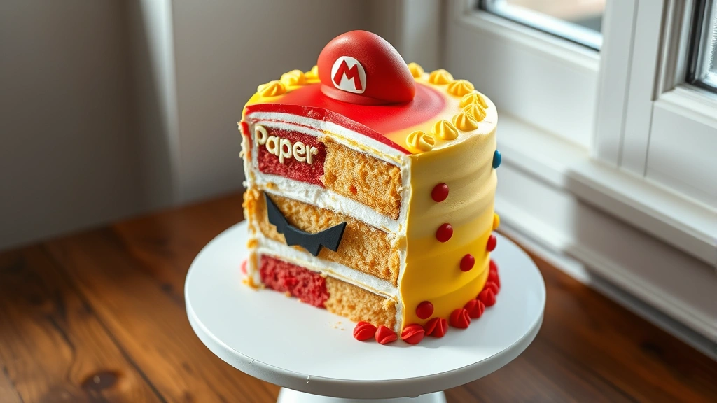hero: Paper Mario TTYD-inspired layered cake with vibrant fondant in red, yellow, and blue, paper-like texture details, character faces, sitting on white cake board, natural window light, soft shadows, no text, close enough to see frosting texture