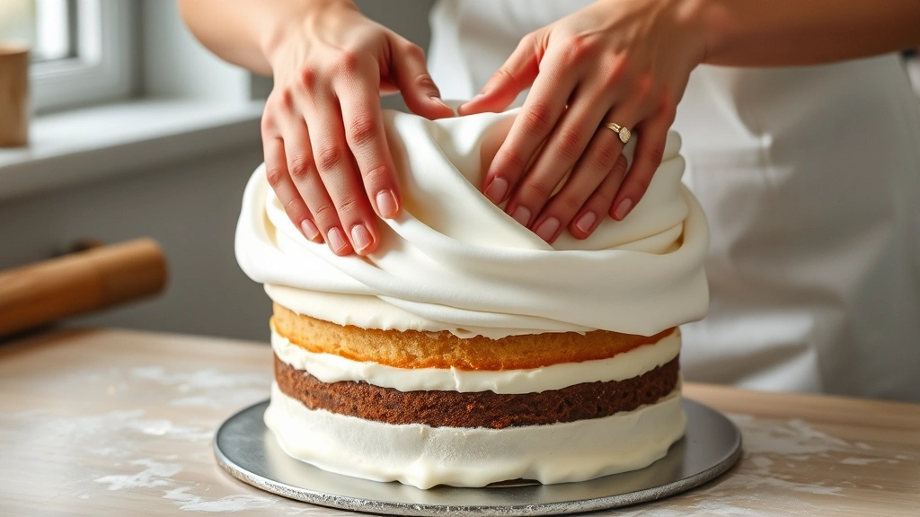 process: hands carefully draping fondant over frosted cake layers, showing smooth technique and paper-like folds, natural kitchen lighting, fondant rolling and application in progress, no text