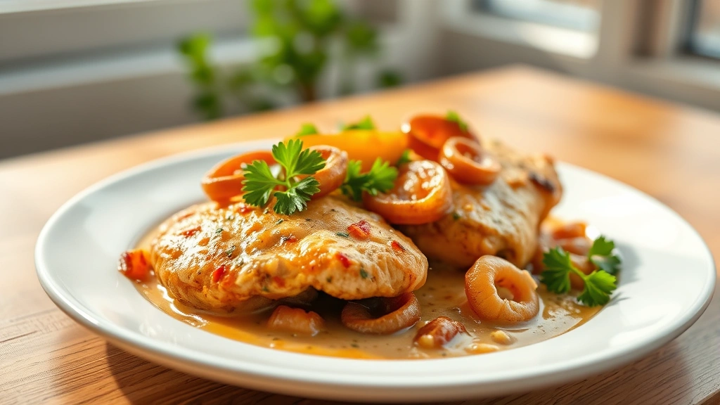 hero: golden-brown paprika chicken in creamy sauce with caramelized onions, served on white plate with fresh parsley garnish, warm natural window light, shallow depth of field, 85mm lens perspective, magazine-quality food photography