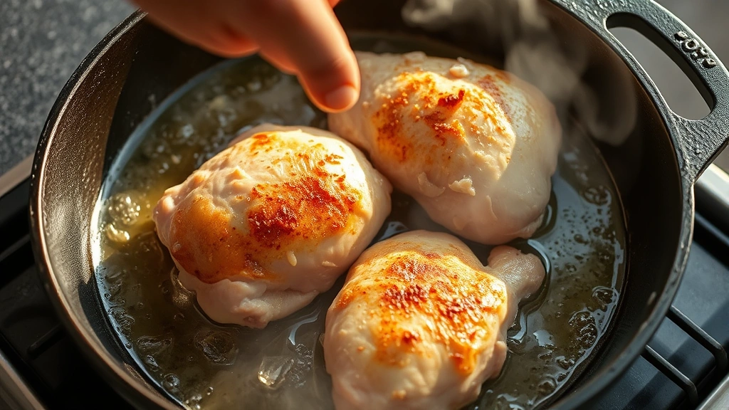 process: hands searing chicken skin-side down in cast iron skillet with shimmering oil, golden crispy skin forming, steam rising, bright natural light from above, close overhead angle, motion and energy captured