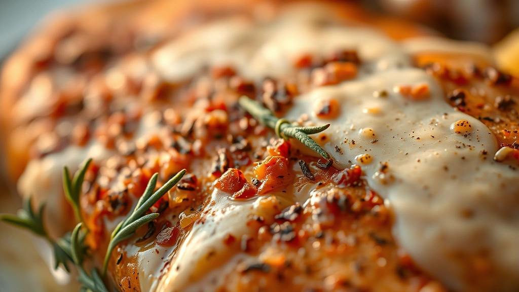 detail: close-up of paprika-spiced chicken skin with creamy sauce, fresh thyme leaf, caramelized onion, shallow focus with beautiful bokeh, warm golden hour lighting, extreme close-up macro photography showing texture