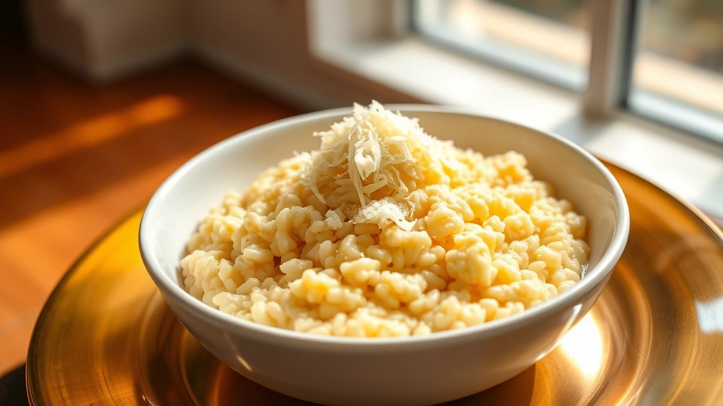 hero: creamy Parmesan risotto in white bowl, golden butter shiny surface, fresh grated Parmigiano-Reggiano on top, soft natural window light, elegant plating, photorealistic, no text