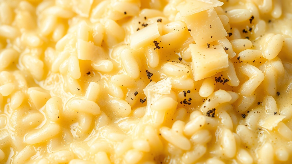 detail: close-up of creamy risotto texture, individual rice grains visible in sauce, melted butter and cheese coating rice, fresh cracked black pepper, Parmigiano-Reggiano shreds, photorealistic, macro photography, no text