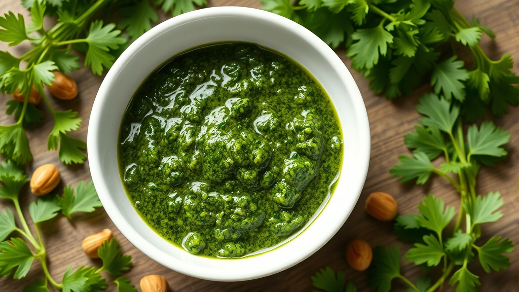 hero: vibrant green parsley pesto in a white bowl with fresh parsley leaves and pine nuts scattered around, photographed from above in natural window light, shallow depth of field, no text