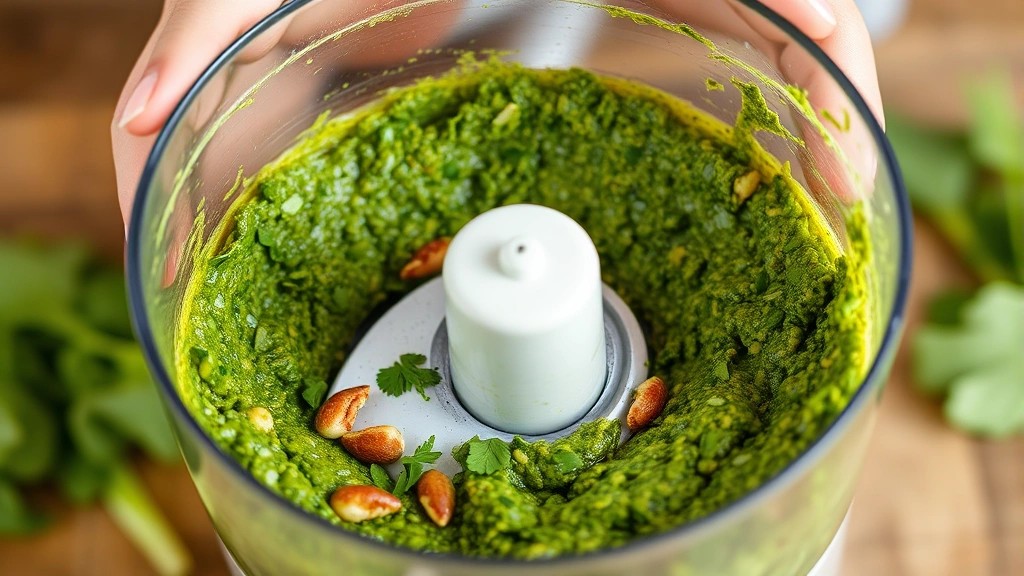 process: hands holding food processor filled with bright green pesto mixture with visible herb pieces and nuts, mid-preparation action shot, natural light from side, no text