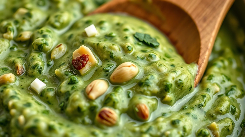 detail: close-up macro shot of creamy parsley pesto texture showing individual parsley pieces, nuts, and cheese with wooden spoon, extreme shallow depth of field, natural daylight, no text