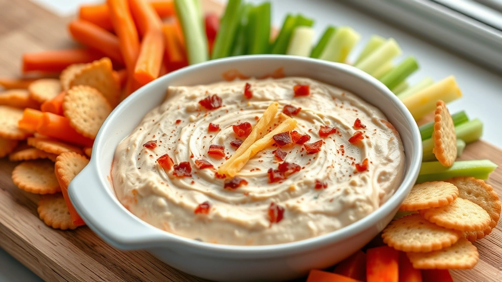 Hero image: creamy party dip in white ceramic bowl with bacon bits, parmesan cheese, and paprika garnish, surrounded by colorful crackers and fresh vegetables on wooden board, photorealistic, natural window light, no text, appetizing presentation