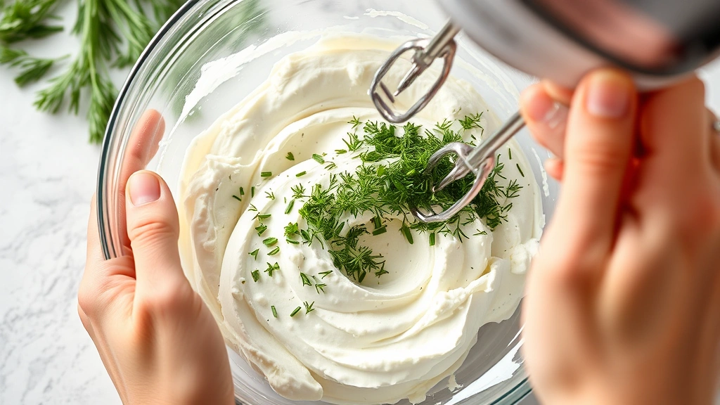 Process image: hands mixing cream cheese with fresh herbs in glass mixing bowl, fresh dill and chives visible, electric mixer blending ingredients, photorealistic, natural kitchen light, no text