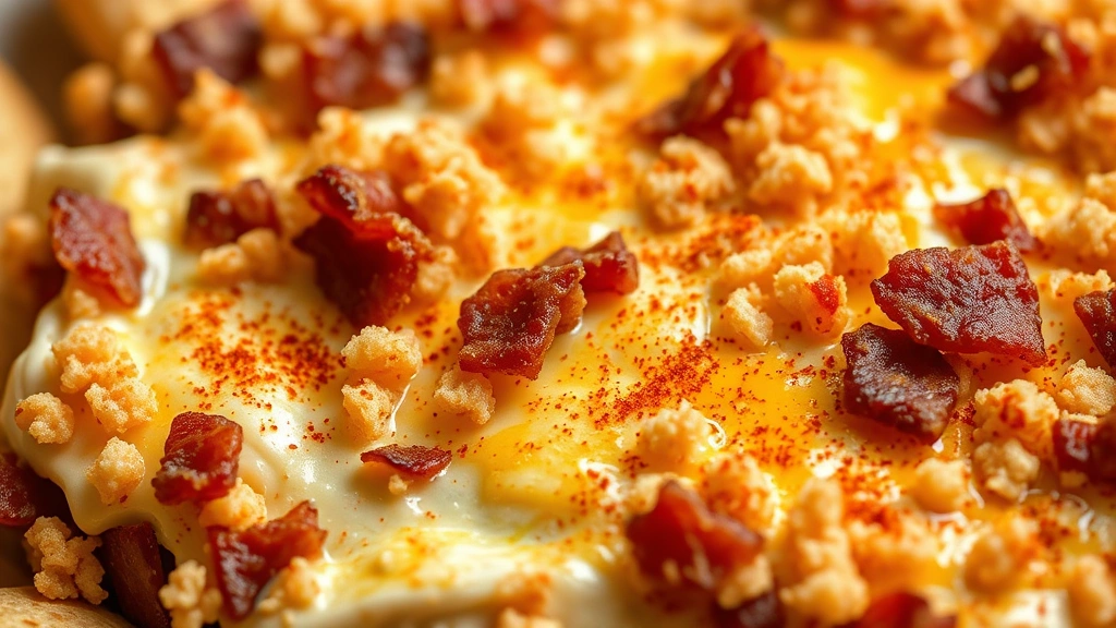 Detail image: close-up of finished party dip with golden buttered breadcrumb topping, crispy bacon pieces, melted cheese, and paprika dust, photorealistic, macro photography, natural light, no text, shallow depth of field