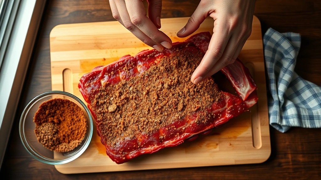 process: hands applying dry rub to raw ribs on cutting board, spice blend in small bowl visible, overhead angle, photorealistic, natural window light, no text