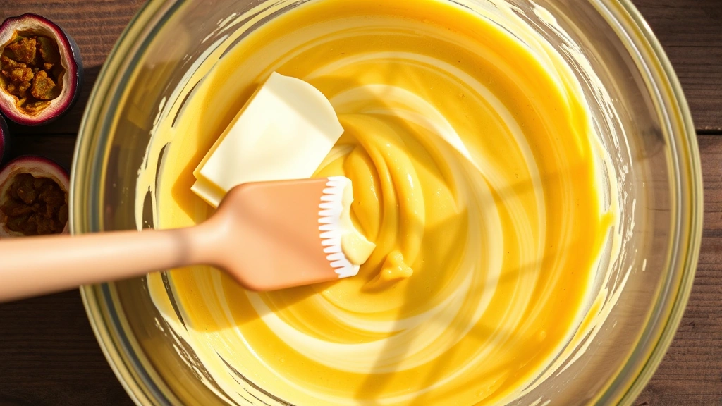 process: overhead shot of folding white chocolate into passion fruit mousse mixture in large glass bowl with rubber spatula, golden-yellow color with white ribbons visible, natural afternoon light