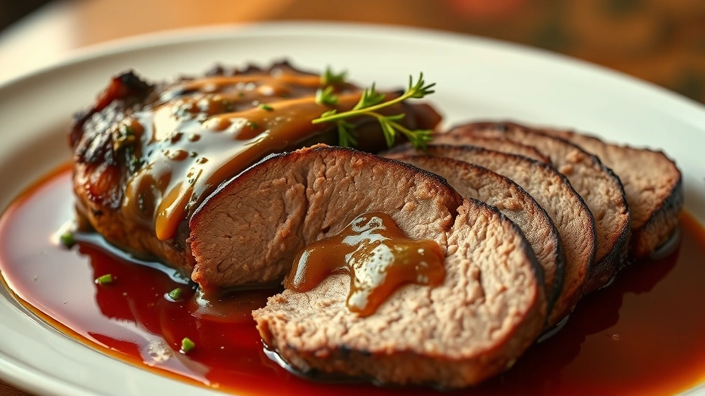 hero: perfectly sliced Passover brisket with glossy rich sauce and fresh herbs, on white ceramic platter, warm golden lighting, shallow depth of field, photorealistic, no text