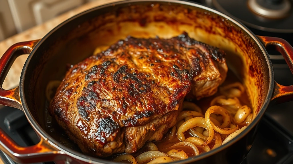 process: searing brisket in Dutch oven with golden crust forming, caramelized onions visible, cast iron pan, stovetop cooking, natural warm lighting, photorealistic, no text