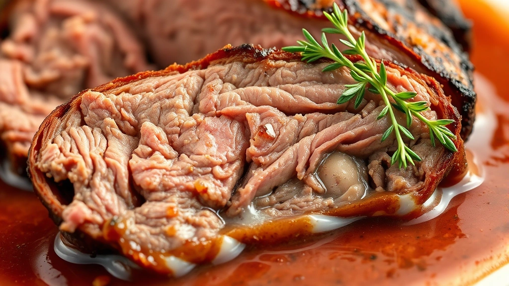 detail: close-up cross-section of perfectly cooked brisket showing tender meat texture, rich sauce pooling around slice, fresh thyme garnish, macro photography, photorealistic, no text