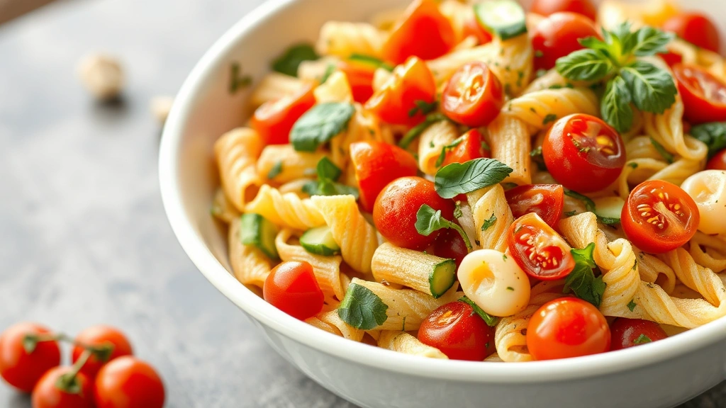 hero: colorful Italian pasta salad with cherry tomatoes, cucumbers, red peppers, and fresh herbs in a large white bowl, photorealistic, natural daylight, no text
