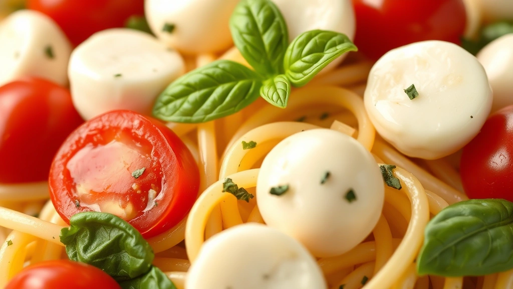 detail: close-up of pasta salad showing texture with cherry tomatoes, mozzarella balls, and fresh basil, photorealistic, natural light, no text