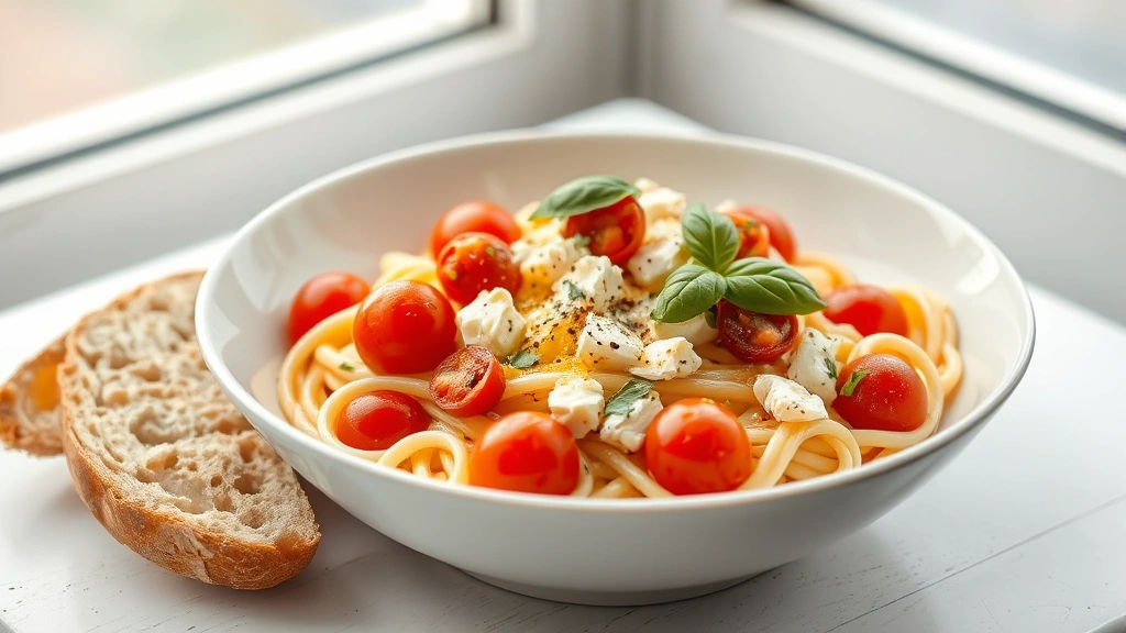 hero: creamy feta pasta with cherry tomatoes and fresh basil in white bowl, golden olive oil drizzle, crusty bread beside it, natural window light, Mediterranean style plating, no text