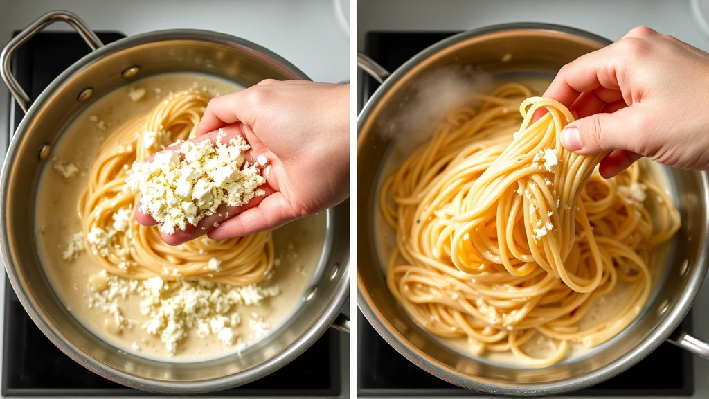 process: hands tossing warm pasta with crumbled feta cheese in stainless steel skillet, creamy sauce coating pasta strands, steam rising, natural kitchen lighting, overhead angle, no text