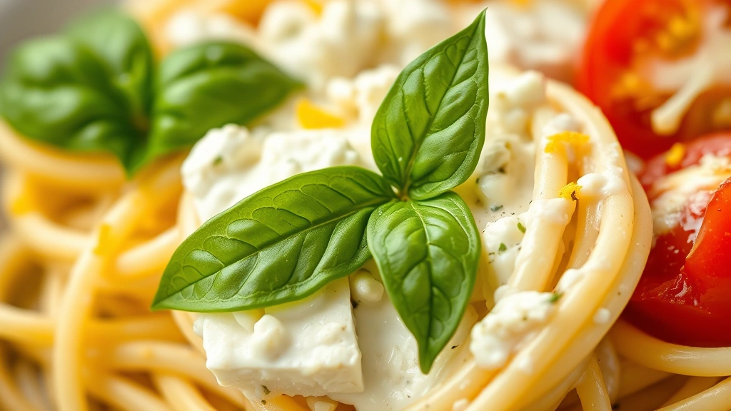 detail: close-up of creamy feta sauce clinging to pasta strand, fresh basil leaf, cherry tomato half, lemon zest, shallow depth of field, warm natural light, no text