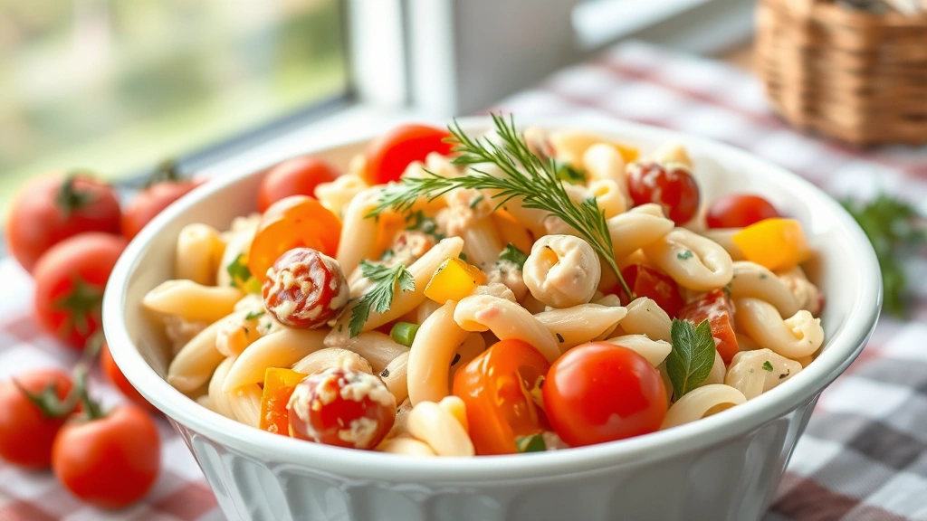 hero: creamy mayo pasta salad in white ceramic bowl, fresh cherry tomatoes, colorful bell peppers, dill garnish, natural window light, outdoor picnic setting, photorealistic, appetizing, no text