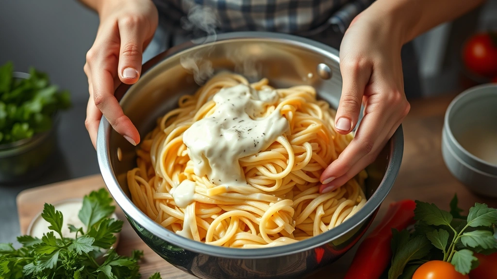 process: hands tossing warm pasta with creamy mayo dressing in stainless steel bowl, steam visible, fresh vegetables nearby, bright natural kitchen lighting, photorealistic, no text