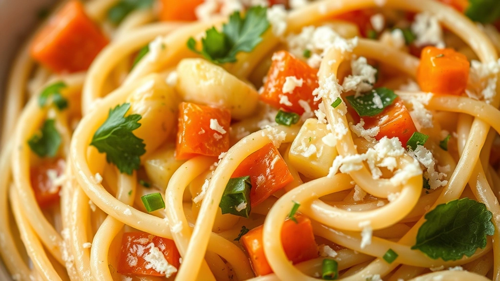 detail: close-up macro shot of creamy pasta with individual ingredients visible, diced vegetables, shredded cheese, fresh herbs, soft natural light, photorealistic, appetizing, no text