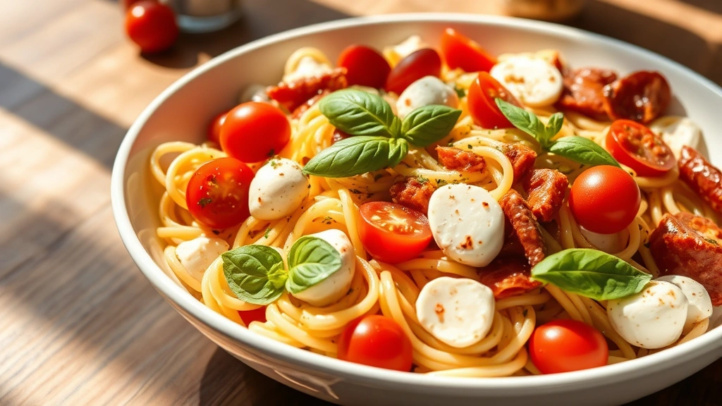 hero: Italian dressing pasta salad in a large white bowl with cherry tomatoes, fresh basil, mozzarella, and pepperoni visible, bright afternoon natural light streaming across, wooden table background, appetizing and vibrant
