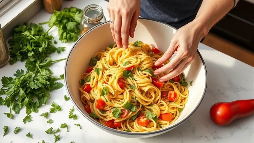 process: hands tossing pasta with vegetables and dressing in a large mixing bowl, fresh herbs scattered nearby, Italian ingredients arranged on countertop, natural kitchen light
