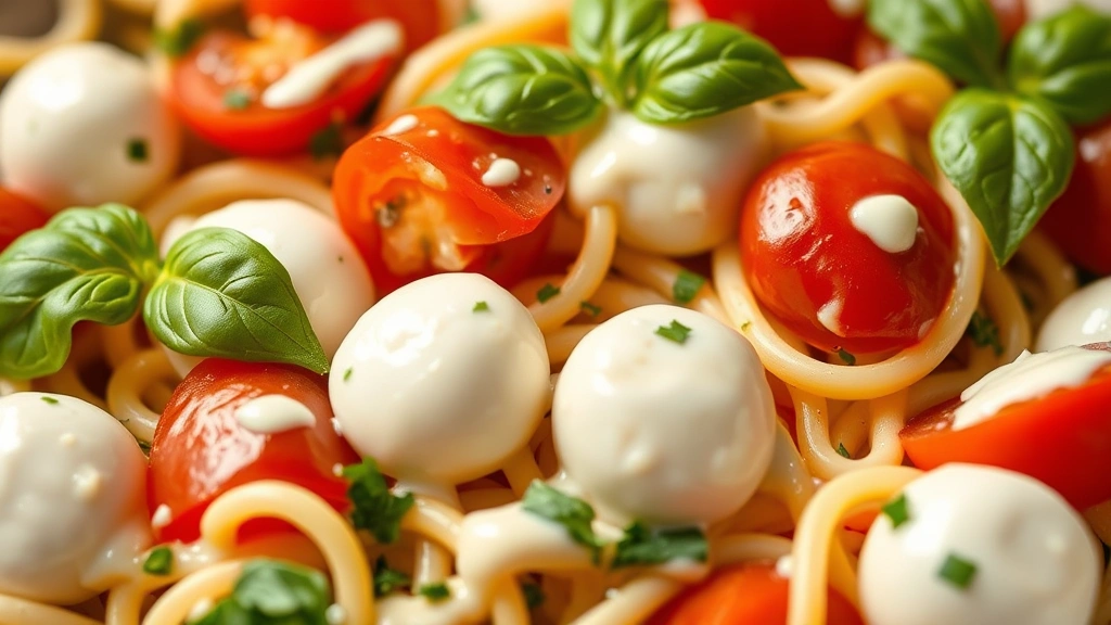 detail: close-up of pasta salad showing individual ingredients like cherry tomatoes, mozzarella balls, pepperoni, fresh basil, and creamy dressing coating, shallow depth of field, bright natural lighting