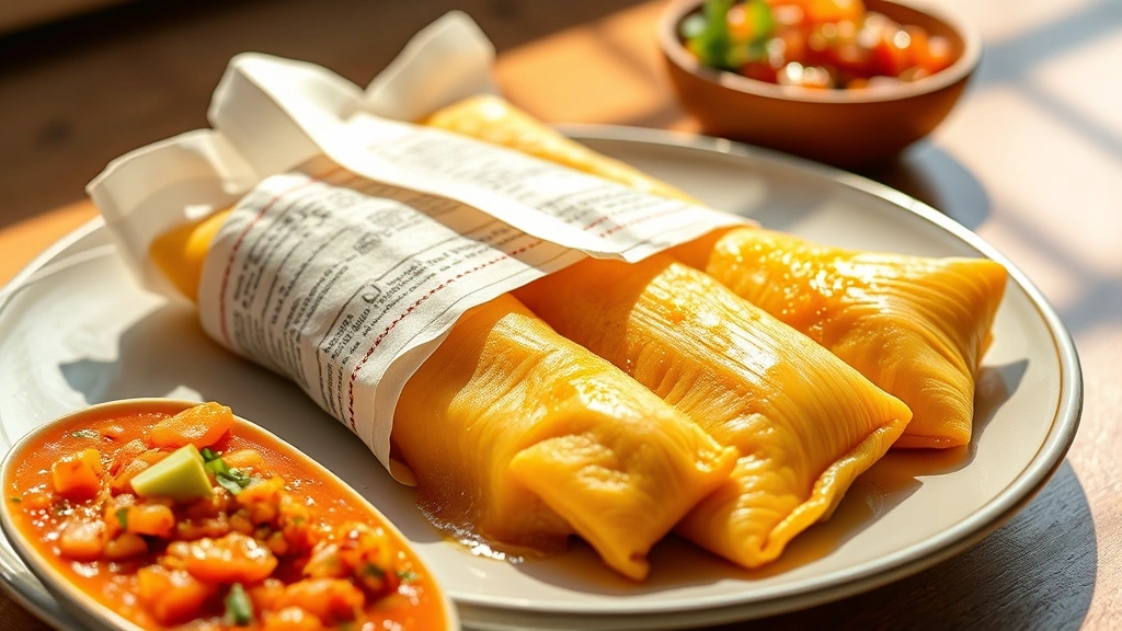 hero: freshly boiled pasteles unwrapped on a plate with sofrito garnish, golden masa visible, Puerto Rican style plating, photorealistic, warm natural sunlight, no text