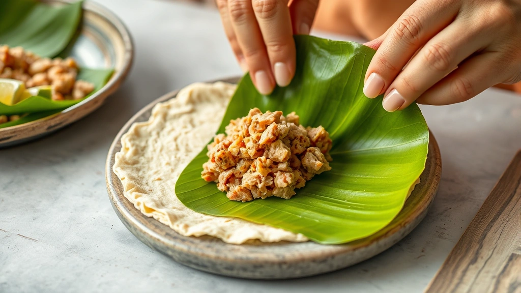 process: hands assembling pastel with banana leaf, spreading masa and adding pork filling, close action shot, photorealistic, bright natural light, no text
