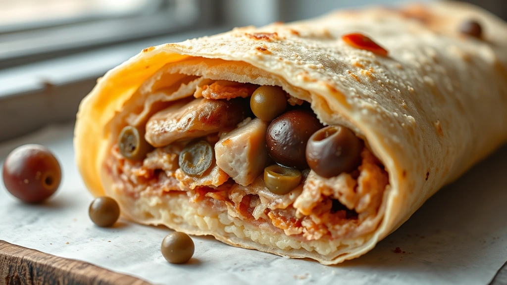 detail: cross-section of cooked pastel showing layered masa and pork filling with olives and capers, macro photography, photorealistic, soft natural window light, no text