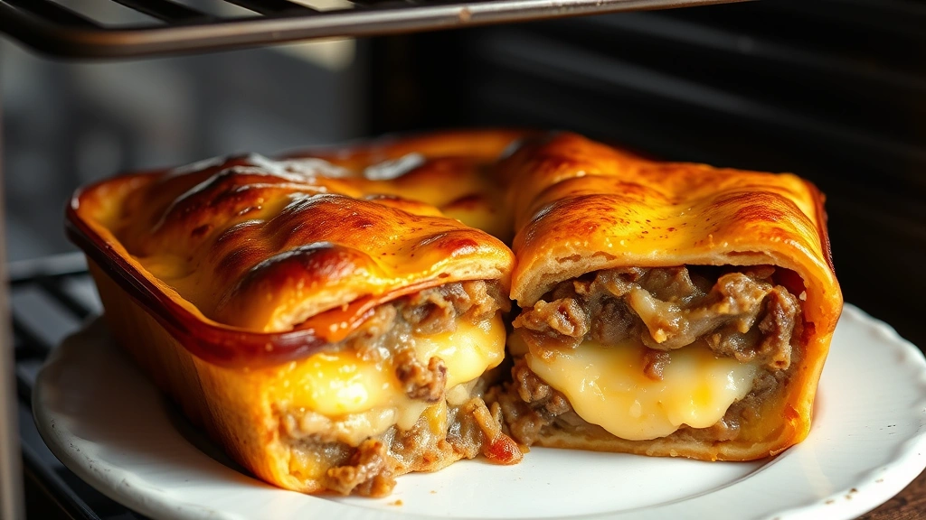 hero: Golden-brown pastelón casserole fresh from oven, bubbling cheese topping, cross-section showing layers of plantains, beef, and custard, rustic white plate, natural window light, no text