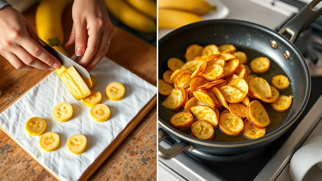 process: Hands slicing yellow ripe plantains, vegetable oil in deep skillet, fried golden plantain strips on paper towels, photorealistic, natural daylight kitchen setting, no text