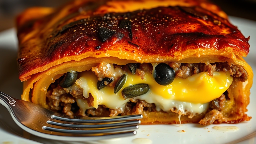 detail: Close-up cross-section of baked pastelón showing distinct layers of caramelized plantains, savory ground beef with olives and capers, creamy egg custard, melted cheese, fork resting against plate, warm lighting, no text
