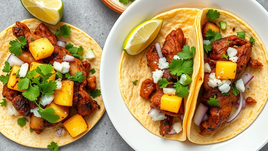 hero: perfectly plated pastor tacos with charred pineapple, fresh cilantro, diced onion, and lime wedges on warm corn tortillas, photorealistic, natural daylight, overhead angle, no text