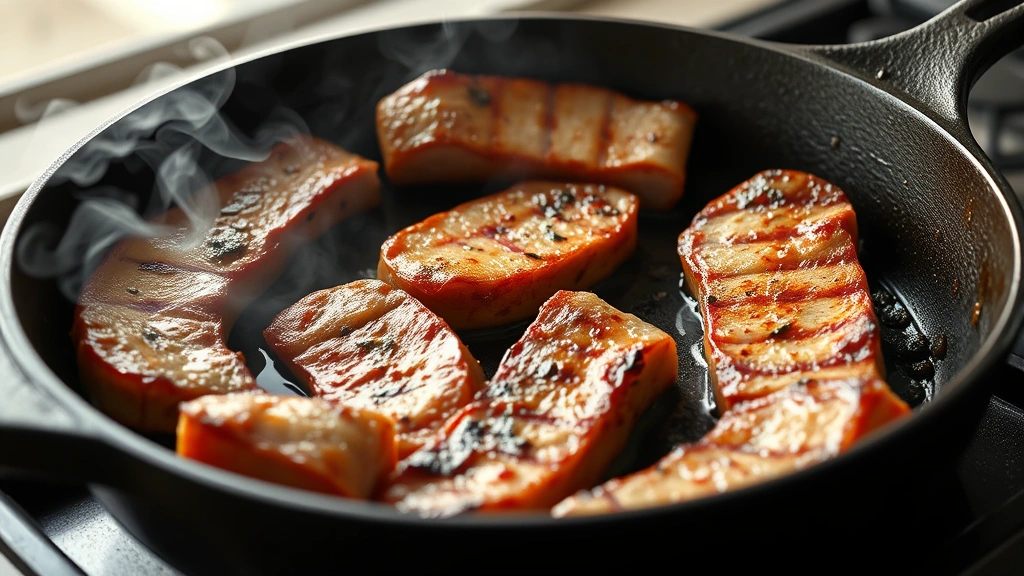 process: searing marinated pork slices in a hot cast iron skillet with visible caramelization and smoke, photorealistic, natural light, close side angle, no text