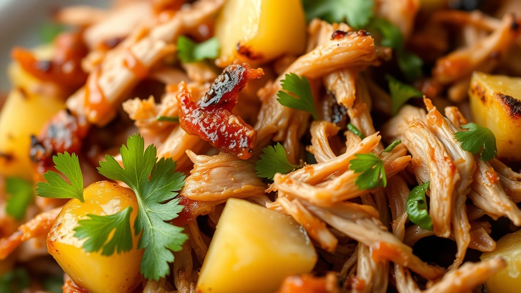 detail: close-up macro shot of tender shredded pastor pork with glossy marinade, charred pineapple pieces, and fresh cilantro garnish, photorealistic, natural light, shallow depth of field, no text