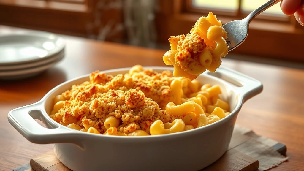 hero: golden baked mac and cheese in white baking dish, bubbling edges, crispy breadcrumb topping, steam rising, wooden table background, natural window light, fork taking a bite, photorealistic, no text