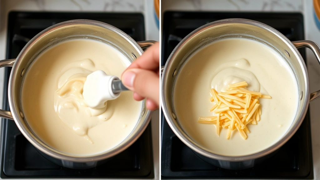 process: hand stirring melted cheese into white sauce in saucepan, creamy texture, golden cheese, stainless steel pot, stovetop, natural light from above, photorealistic, no text