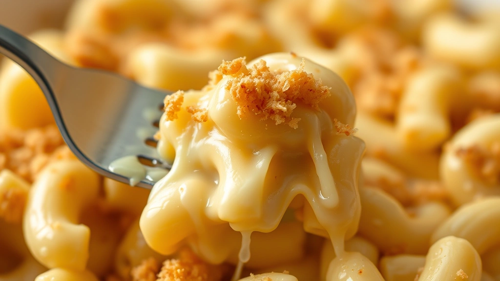 detail: close-up of mac and cheese showing creamy cheese coating each pasta piece, golden breadcrumb crust on top, fork lifting single bite, melted cheese strings, shallow depth of field, natural lighting, photorealistic, no text