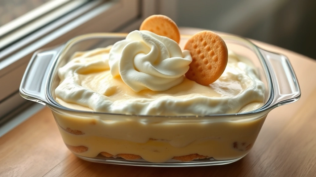 hero: complete banana pudding dessert in glass baking dish with whipped cream topping and vanilla wafer garnish, photorealistic, natural window light, no text, shot from above at 45 degree angle