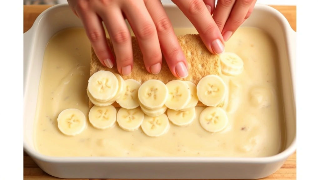 process: hands layering vanilla wafers and banana slices with pudding mixture in baking dish, photorealistic, warm kitchen lighting, close enough to see texture and detail, no text
