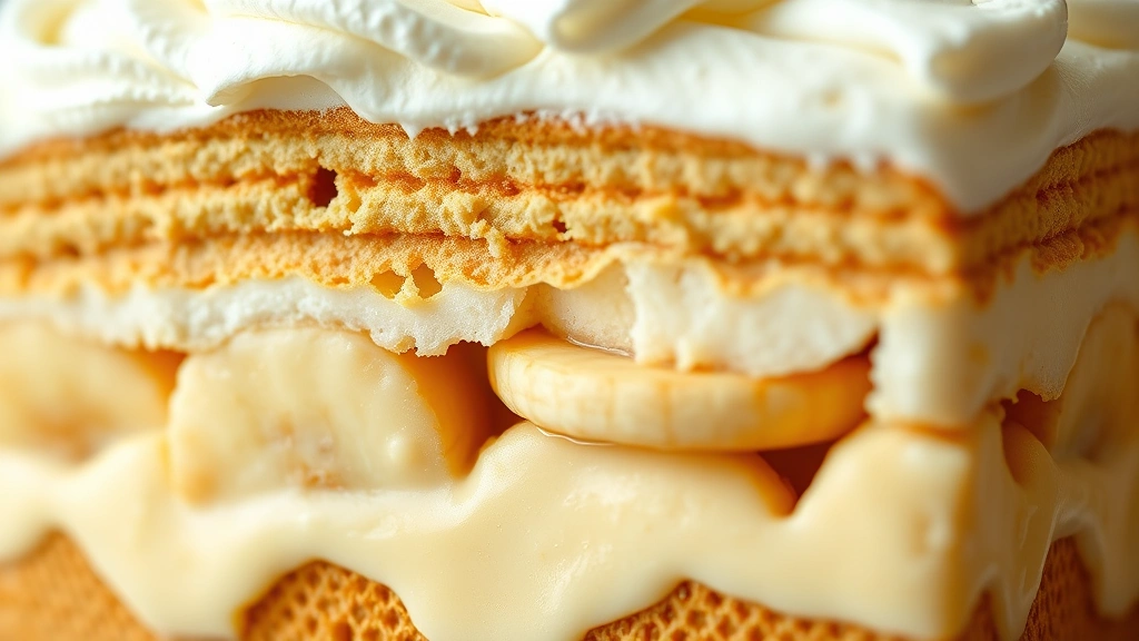 detail: cross-section of banana pudding showing distinct layers of wafers, pudding, and bananas with whipped cream on top, photorealistic, macro photography, natural light, no text