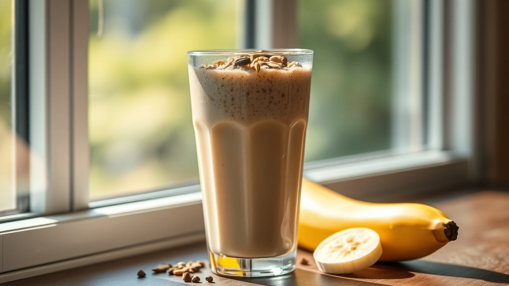 hero: creamy PB2 protein shake in tall glass, topped with granola and cacao nibs, cold condensation on glass, fresh banana slice beside, natural morning sunlight streaming through window, photorealistic, no text