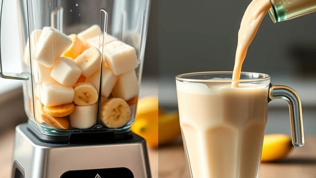 process: blender with shake ingredients being blended, frozen banana and ice cubes visible, pouring creamy shake into glass, action shot, natural daylight, photorealistic, no text