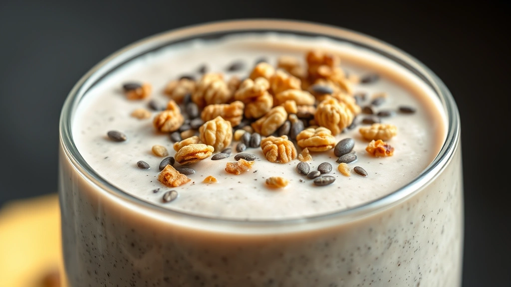 detail: close-up of finished shake showing creamy texture, topped with granola and chia seeds, rim detail, photorealistic macro photography, natural light, no text