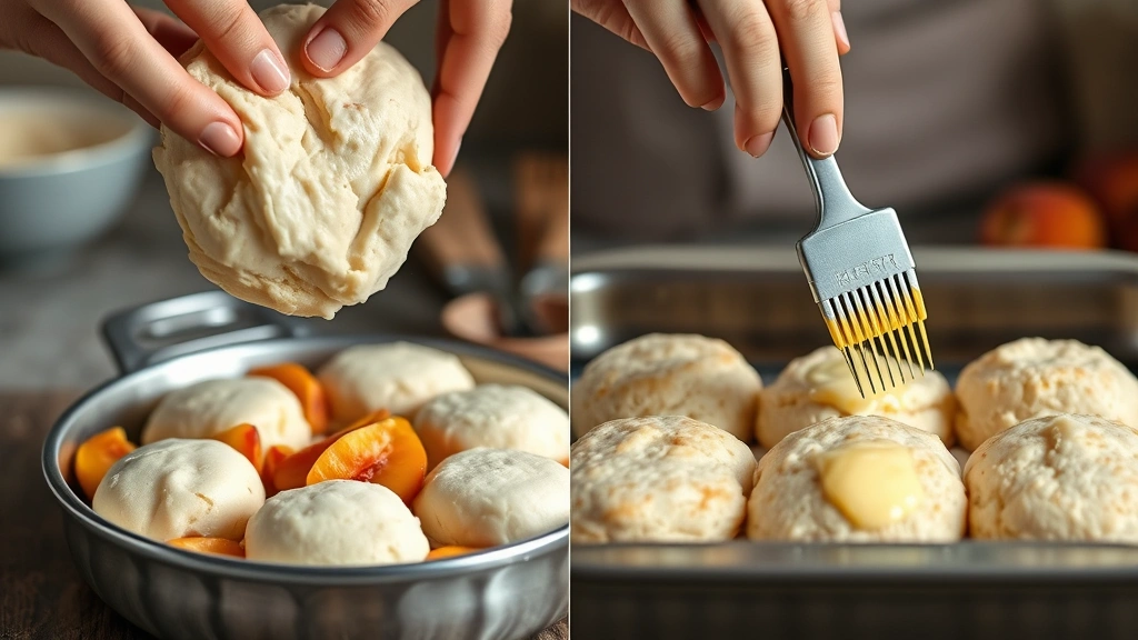 process: hands dropping biscuit dough onto peach filling in baking dish, melted butter being brushed on biscuits, photorealistic, natural kitchen light, no text